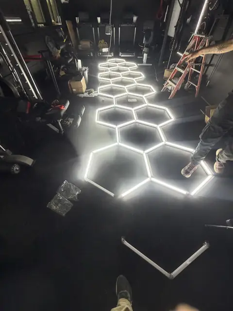 Hexagon LED grid during assembly